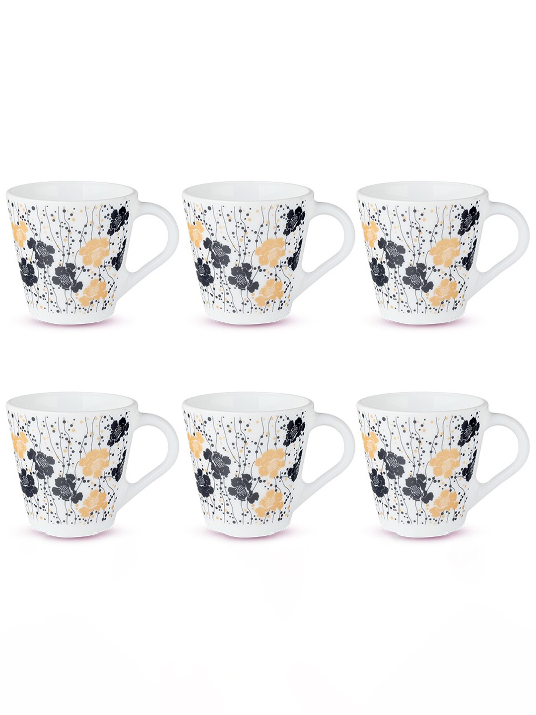 

Larah by BOROSIL White & Black 6 Pcs Floral Printed Opalware Matte Mugs - 160 ML Each