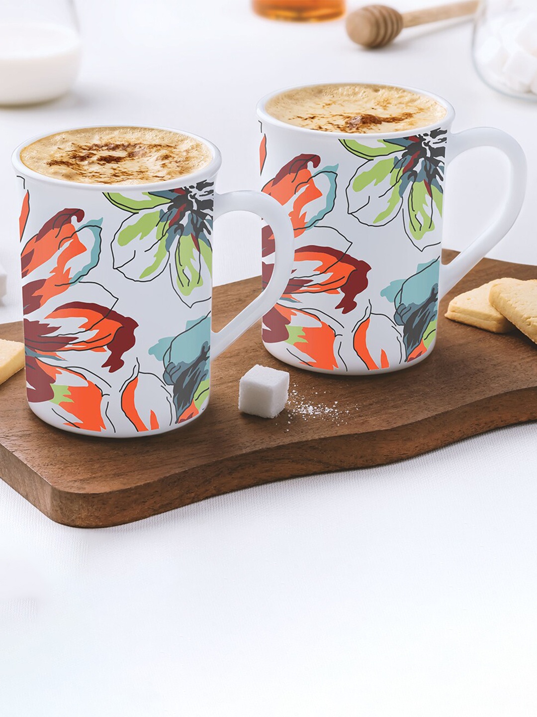 Larah by BOROSIL 2 Pcs White & Orange Floral Printed Opalware Matte Mugs - 350 ML Each