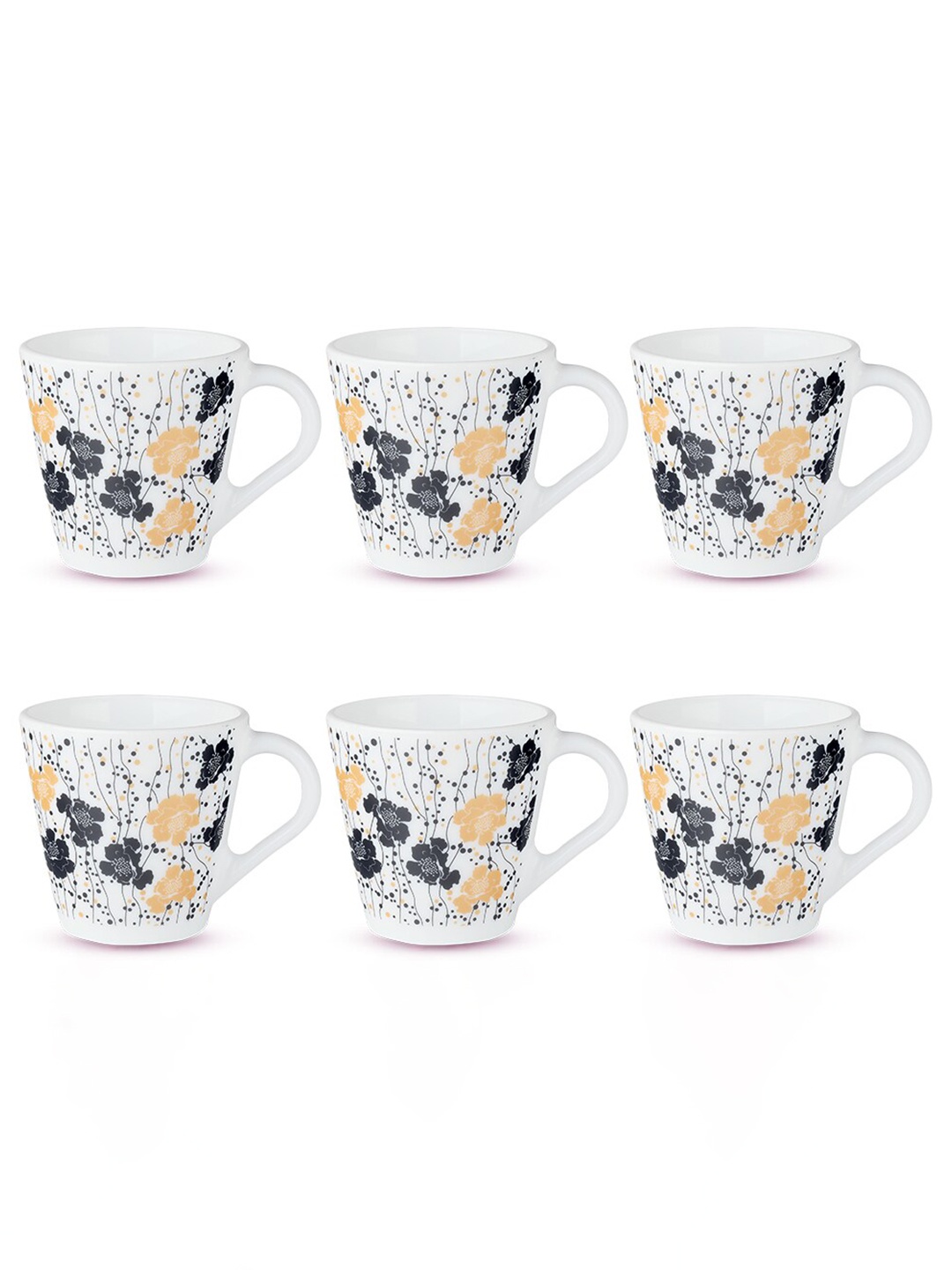 

Larah by BOROSIL White & Black 6 Pieces Floral Printed Tea or Coffee Glossy Mugs