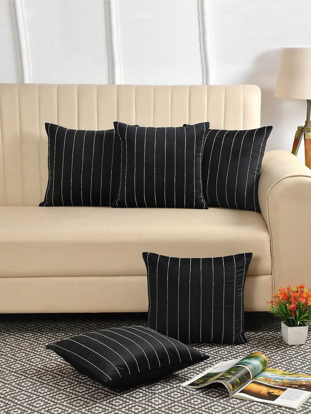 HOSTA HOMES Black & White 5 Pieces Embroidered Square Cushion Covers