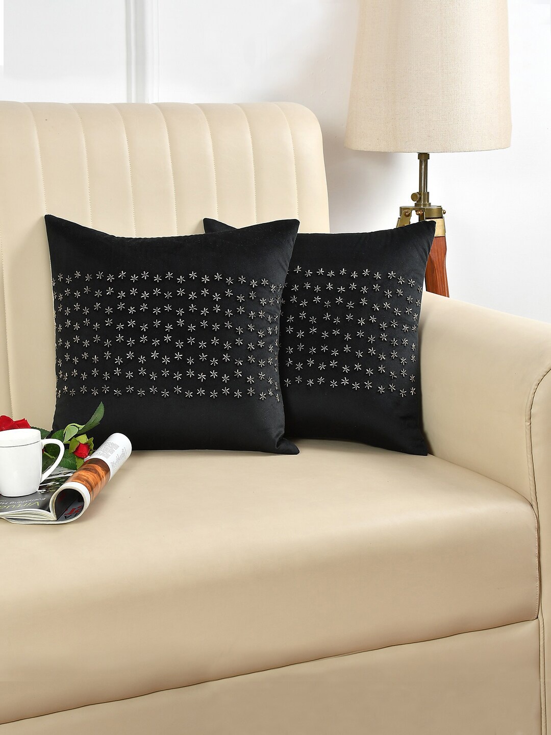 

HOSTA HOMES 2 Pcs Black & Gold-Toned Embellished Square Cushion Covers