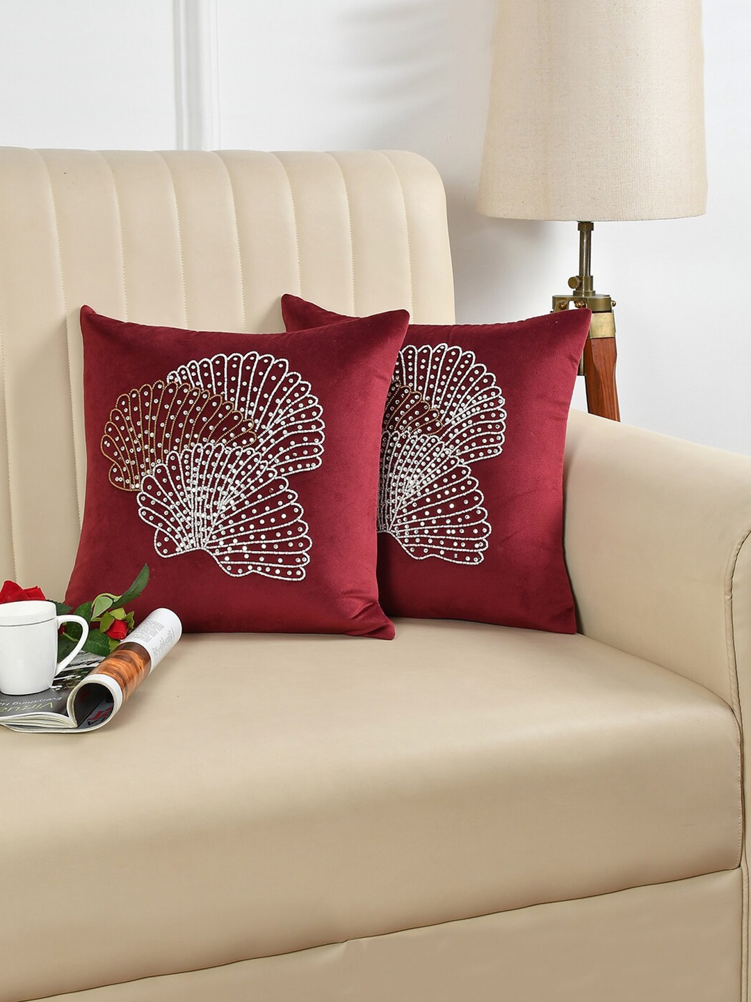 

HOSTA HOMES Maroon & White 2 Pieces Embellished Square Cushion Covers