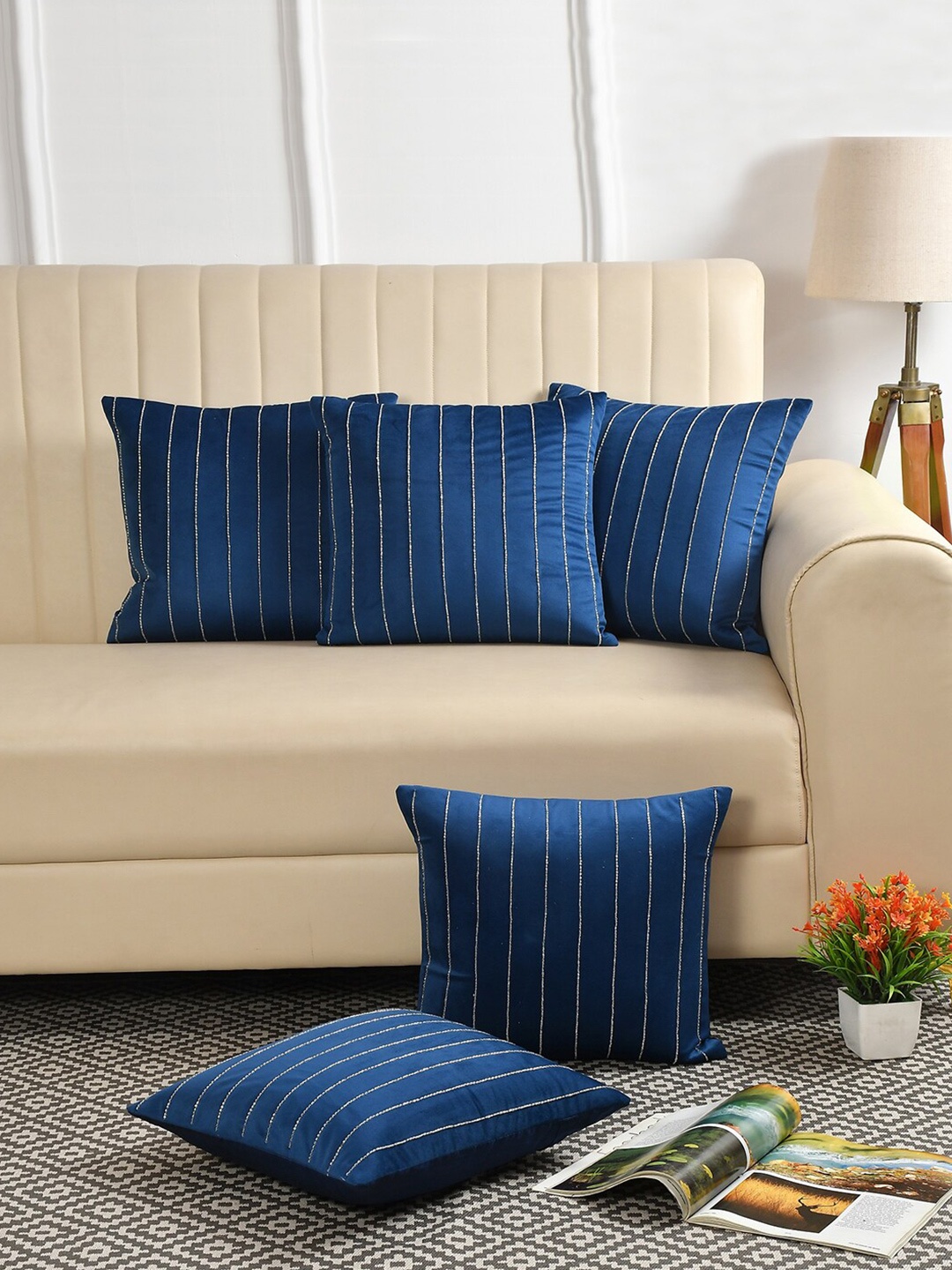 

HOSTA HOMES Blue & White 5 Pieces Embellished Square Cushion Covers