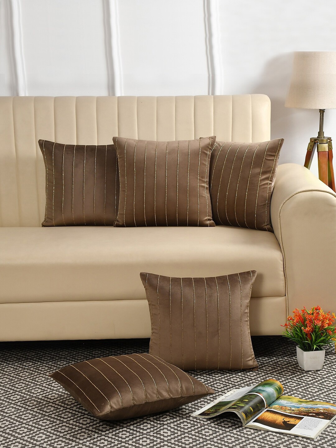 

HOSTA HOMES Brown & Gold-Toned 5 Pieces Embellished Square Cushion Covers