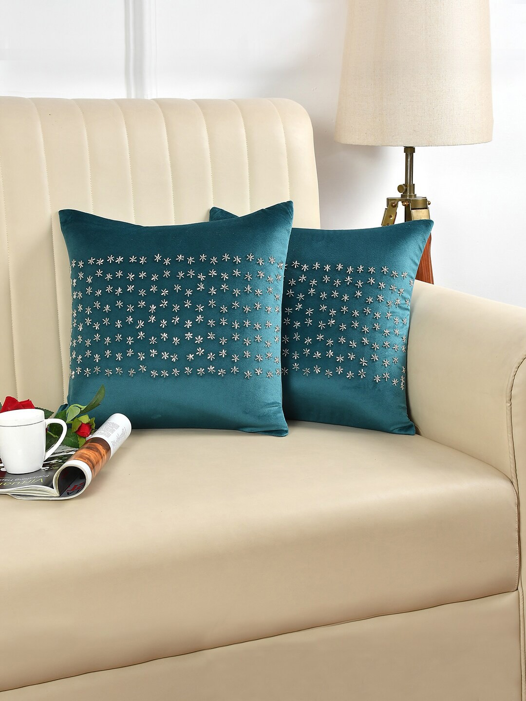 

HOSTA HOMES Blue & Silver-Toned 2 Pieces Embellished Square Cushion Covers