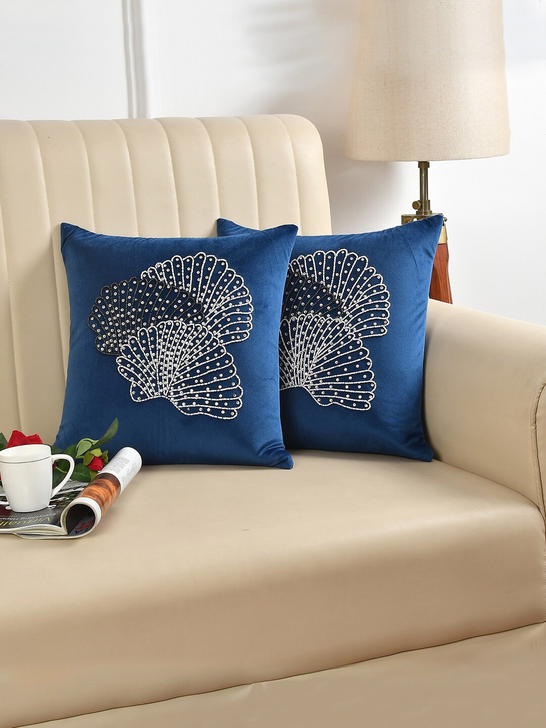 HOSTA HOMES 2 Pcs Blue & White Embellished Square Cushion Covers