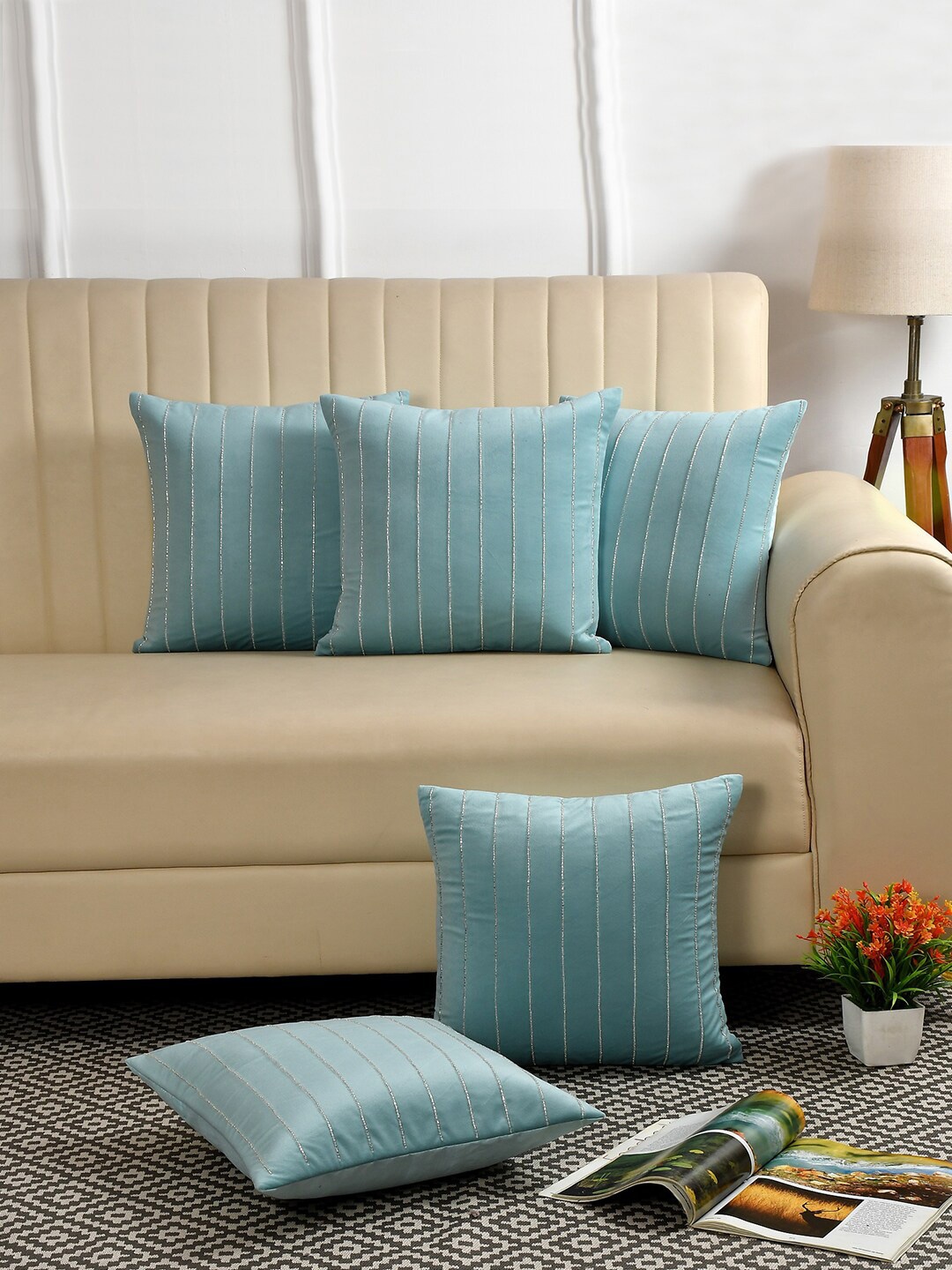 HOSTA HOMES Turquoise Blue & Silver-Toned 5 Pieces Embellished Square Cushion Covers