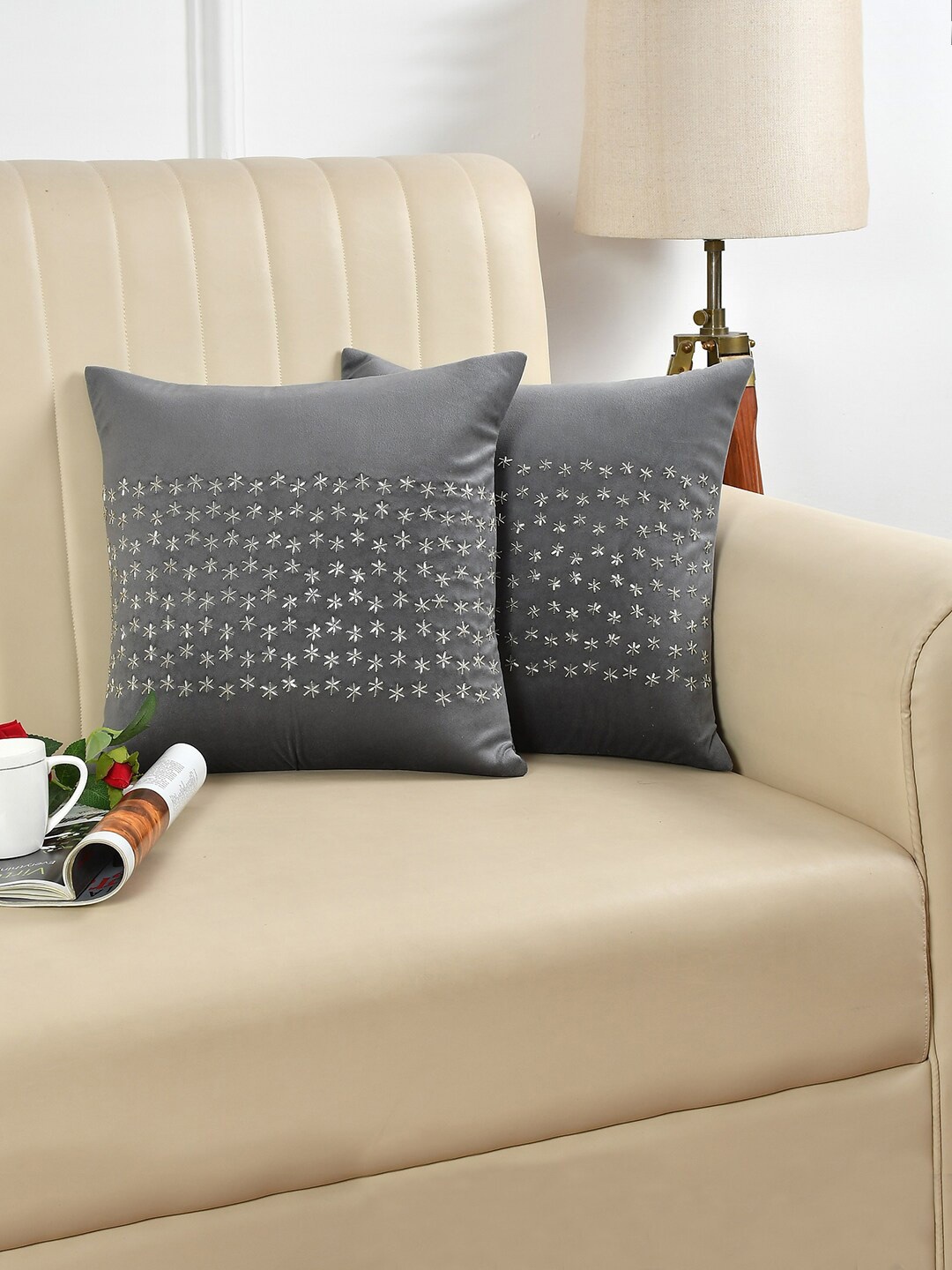 

HOSTA HOMES Grey & Silver-Toned 2 Pieces Embellished Square Cushion Covers