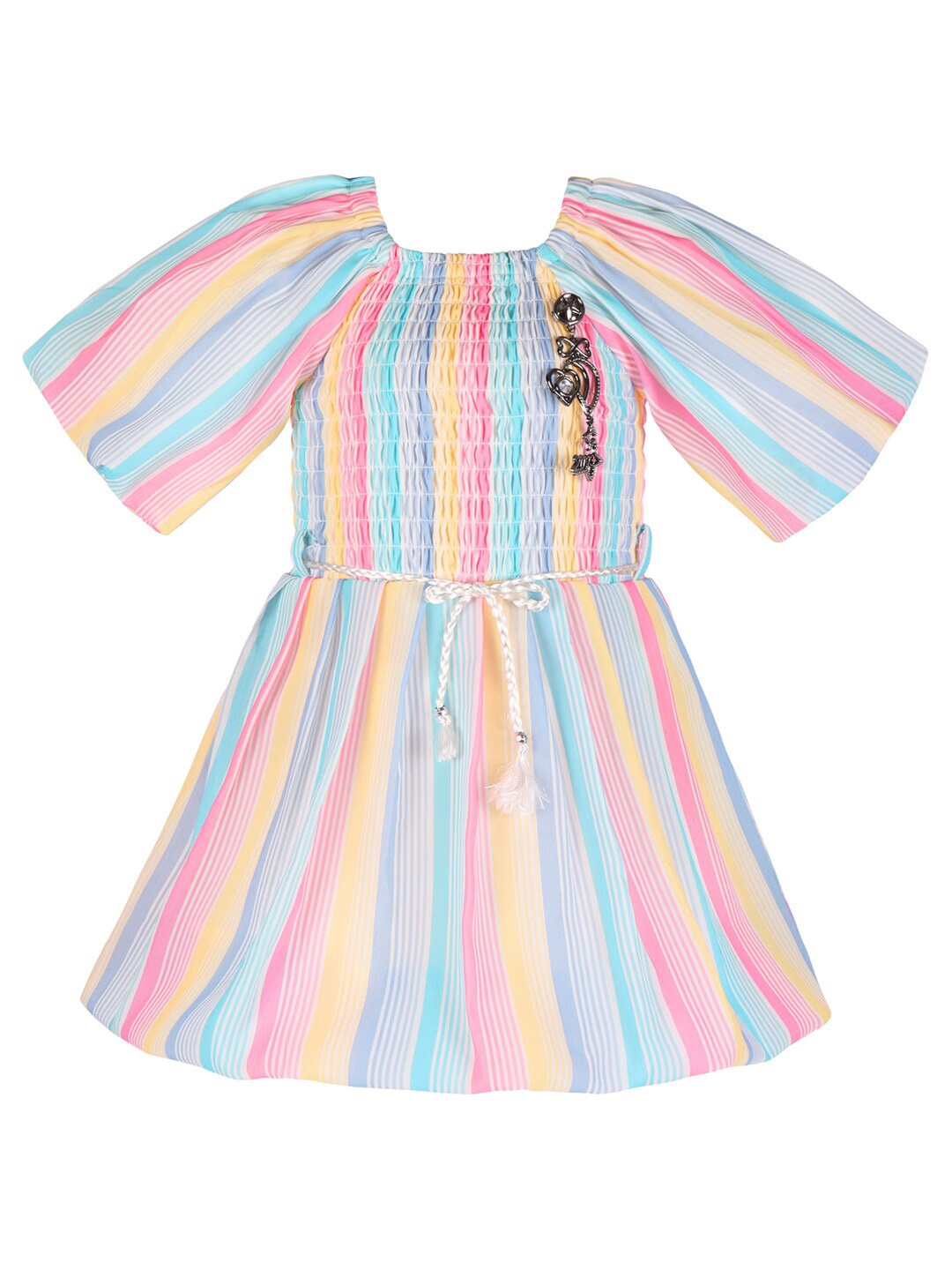 Wish Karo Striped Extended Sleeves Smocking Satin Fit & Flare Dress, Pink