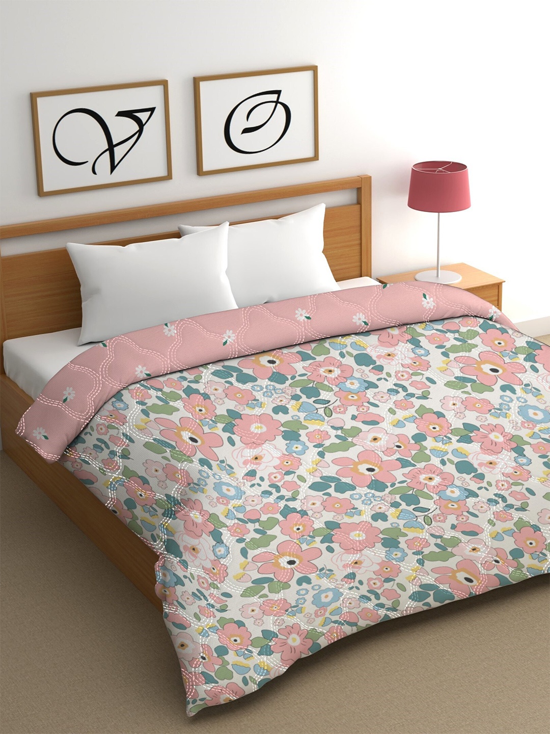 

CHHAVI INDIA Pink & White Floral AC Room 210 GSM Double Bed Comforter