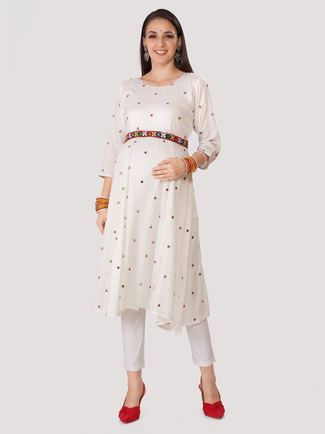 

Mom For Sure by Ketki Dalal Embellished Mirror Work Maternity A-Line Kurta With Dupatta, White