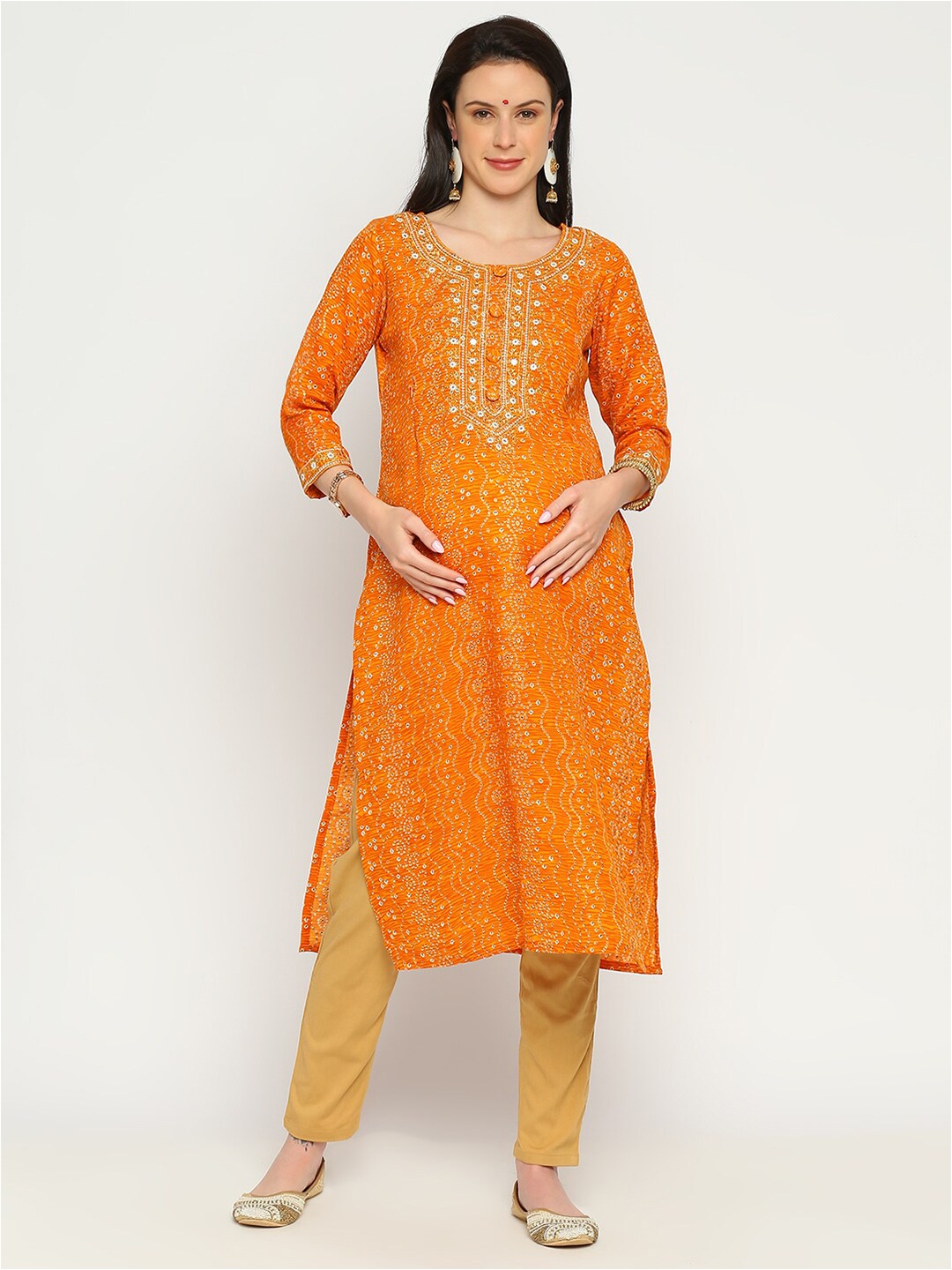 

Mom For Sure by Ketki Dalal Bandhini Printed Thread Work Pure Cotton Maternity Kurta, Yellow