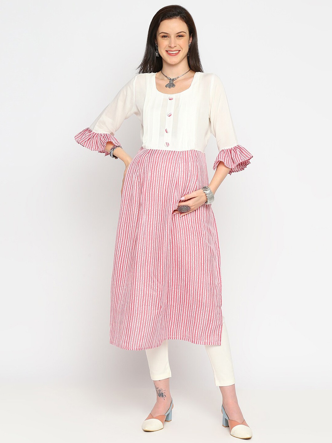 

Mom For Sure by Ketki Dalal Striped Pure Cotton A-Line Maternity Kurta, Pink