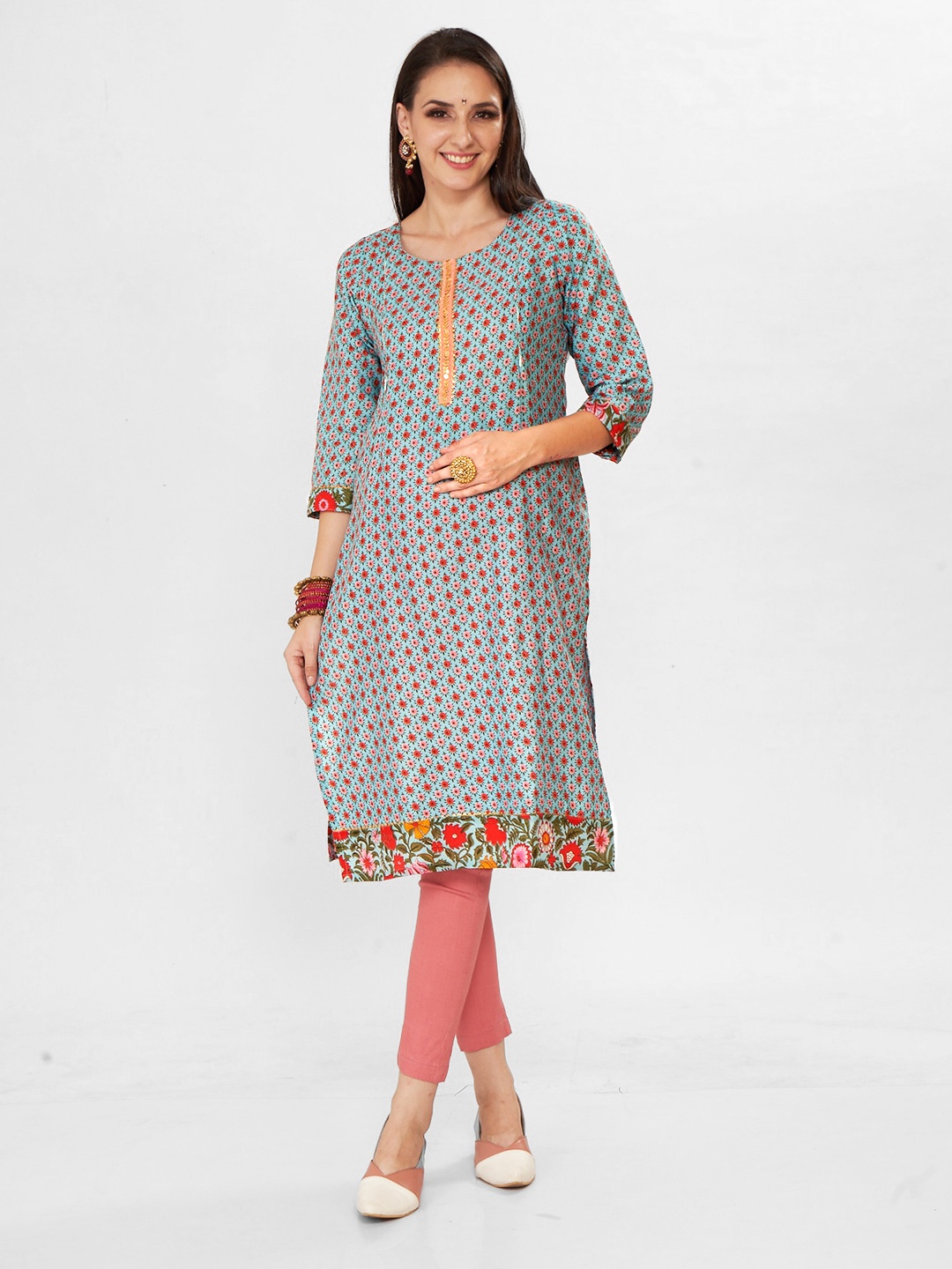 

Mom For Sure by Ketki Dalal Women Floral Printed Floral Maternity Kurta, Blue