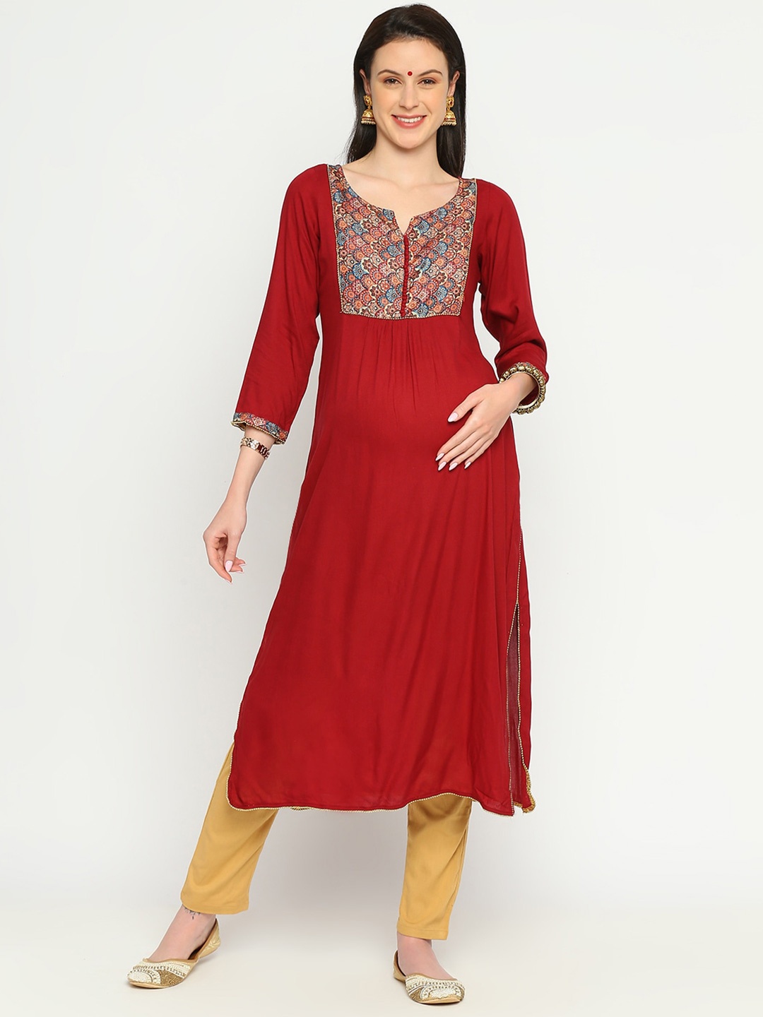 

Mom For Sure by Ketki Dalal Floral Yoke Design Straight Maternity Kurta, Maroon