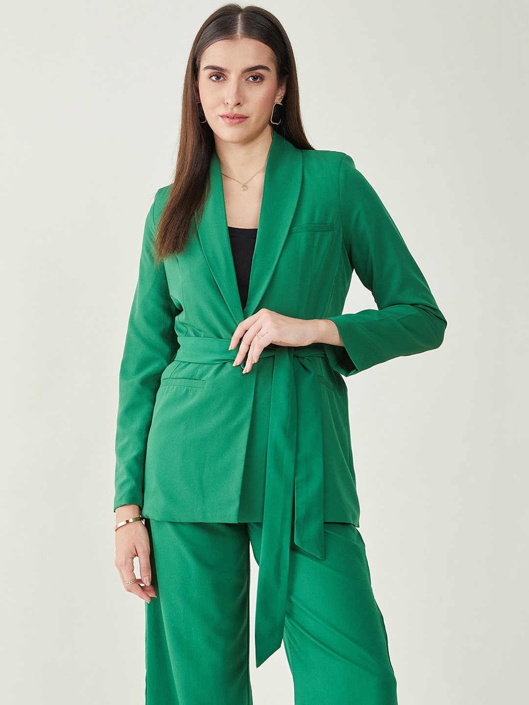 JUNE & HARRY Tailored-Fit Single-Breasted Tie-Up Blazer, Green