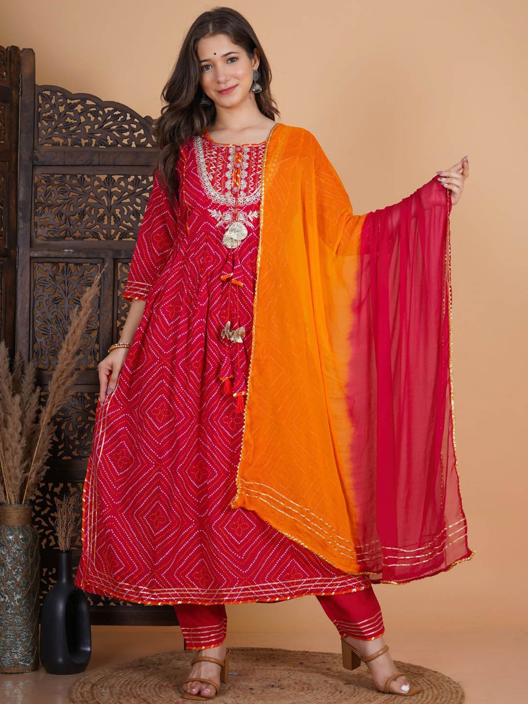 

Collection Rj23 Geometric Printed Gotta Patti Detailed A-Line Kurta & Trouser With Dupatta, Pink