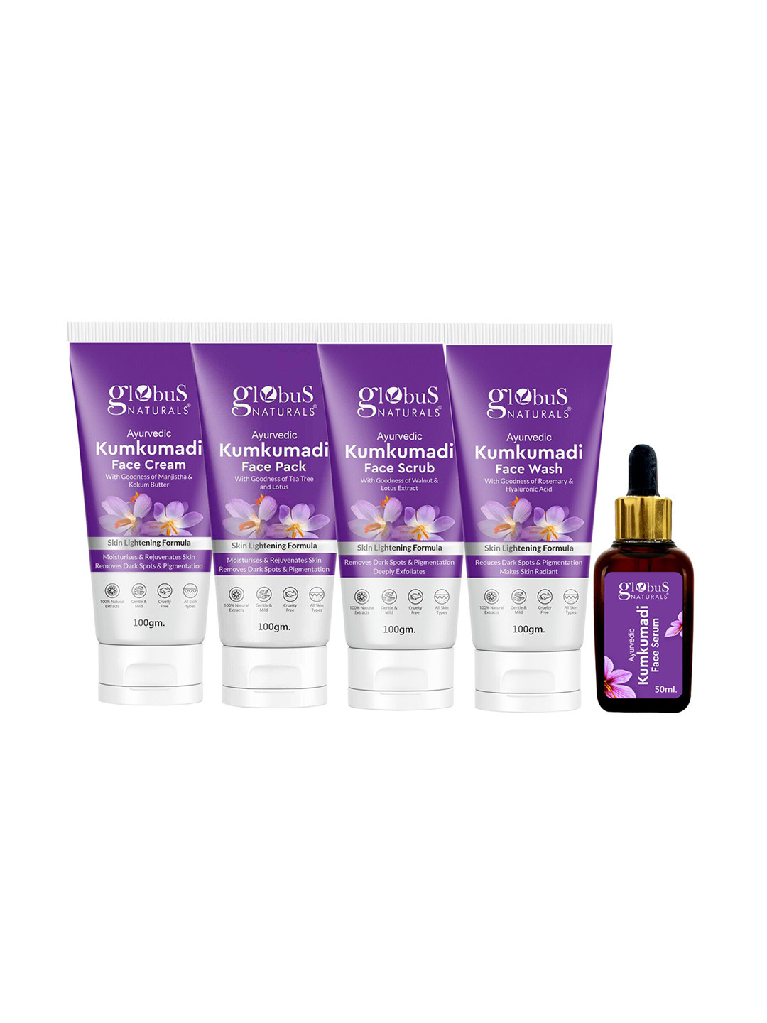 

Globus naturals 5Pcs Kumkumadi Face Wash-Face Scrub-Face Cream-Face Pack & Face Serum, Purple