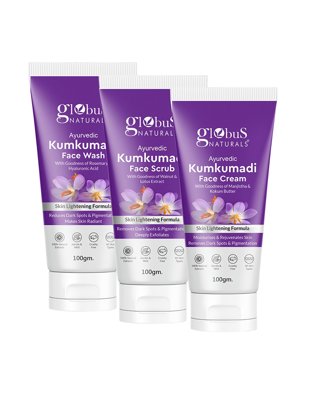 

Globus naturals Kumkumadi Skin Lightening Combo - Face Wash + Face Scrub + Face Cream, Purple