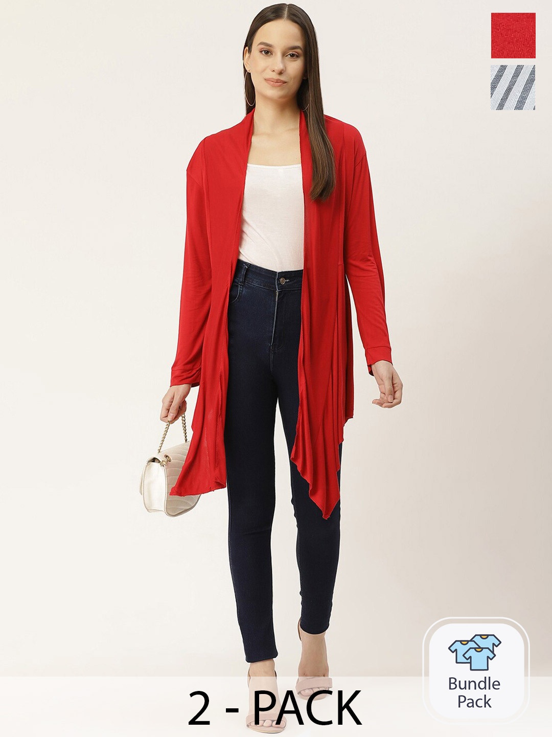 

urSense Women Grey & Red Striped Longline Shrug