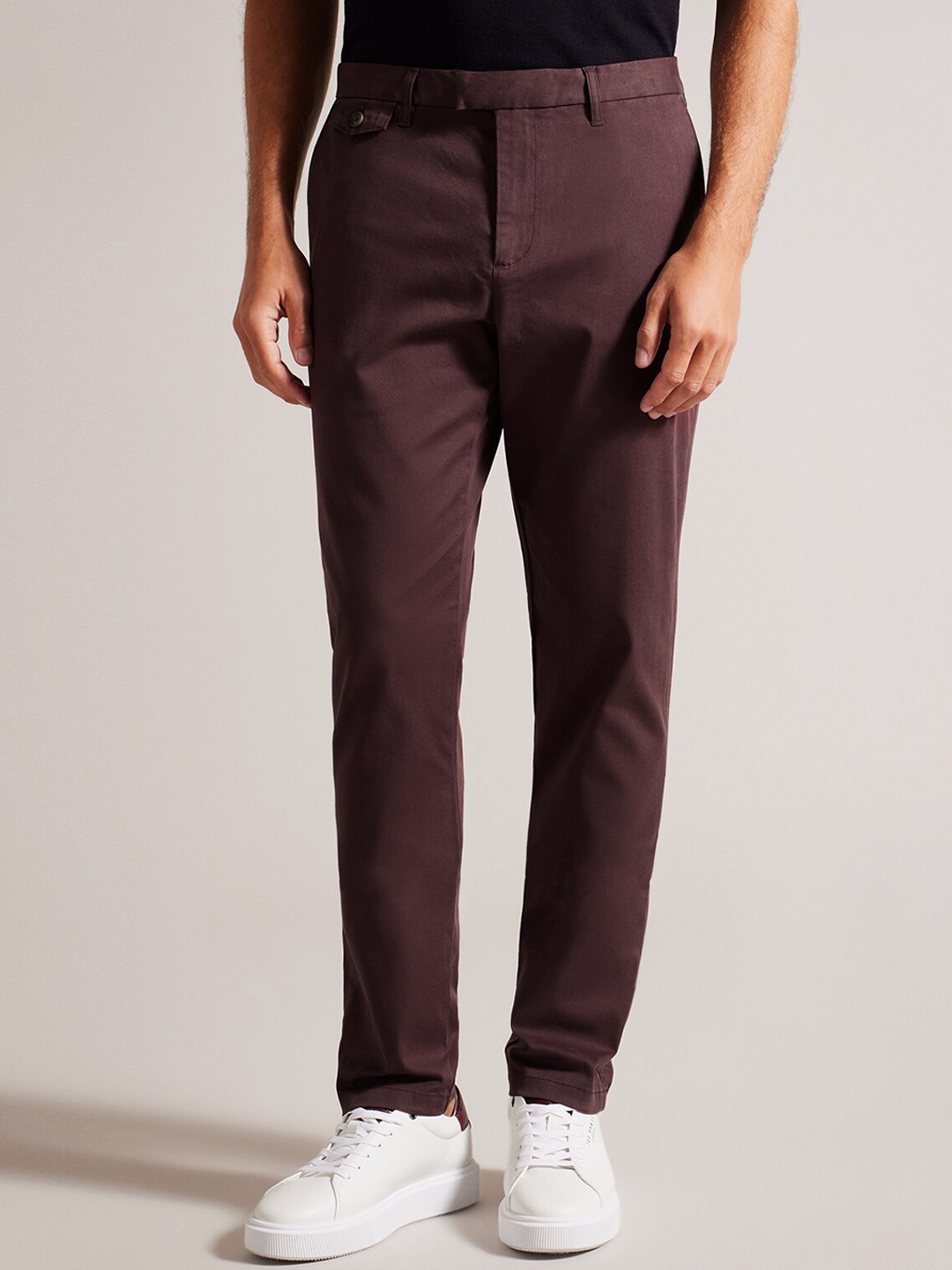 Ted Baker Men Slim Fit Mid-Rise Plain Cotton Regular Trousers, Purple