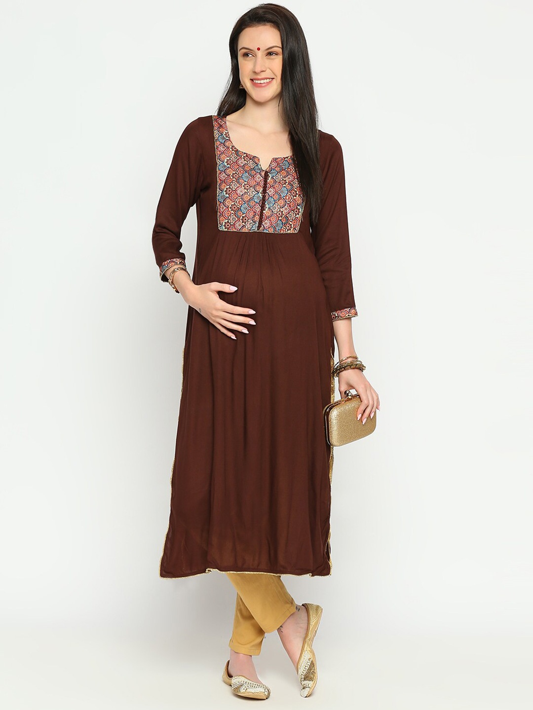 

Mom For Sure by Ketki Dalal Ethnic Motifs Yoke Design Thread Work Maternity Kurta, Coffee brown