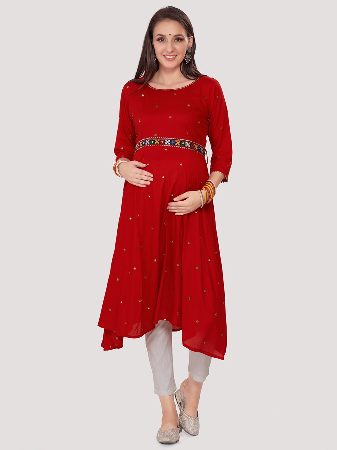 

Mom For Sure by Ketki Dalal Round Neck Mirror Work Anarkali Maternity Kurta With Belt, Red