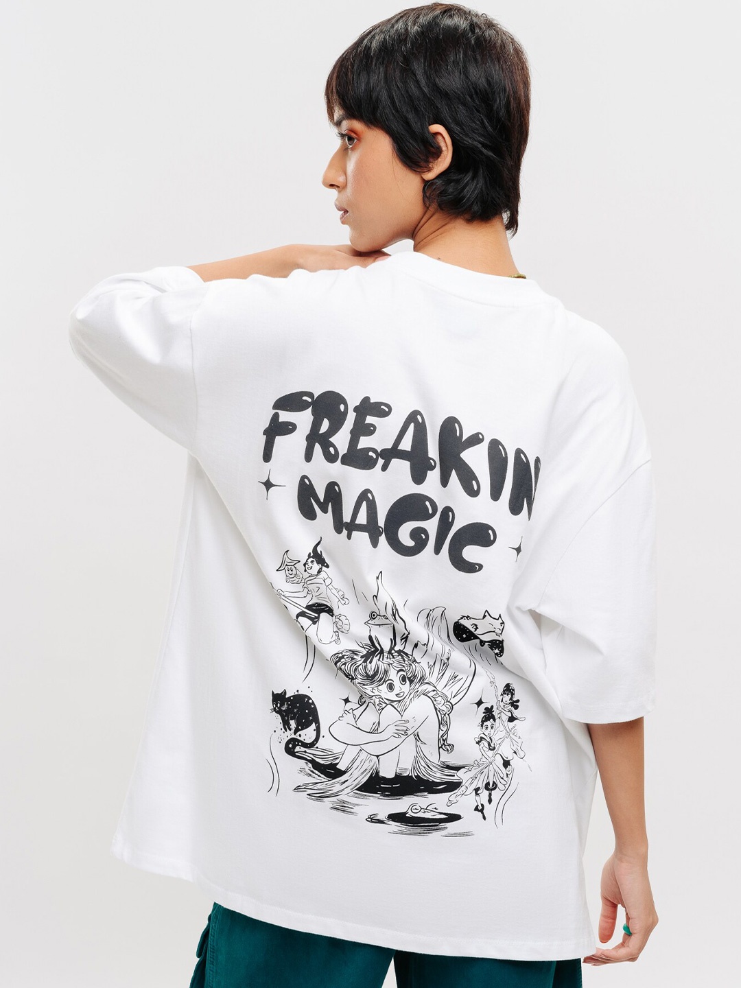 

FREAKINS Typography Printed Drop Shoulder Sleeves Relaxed Fit Pure Cotton Casual T-shirt, White