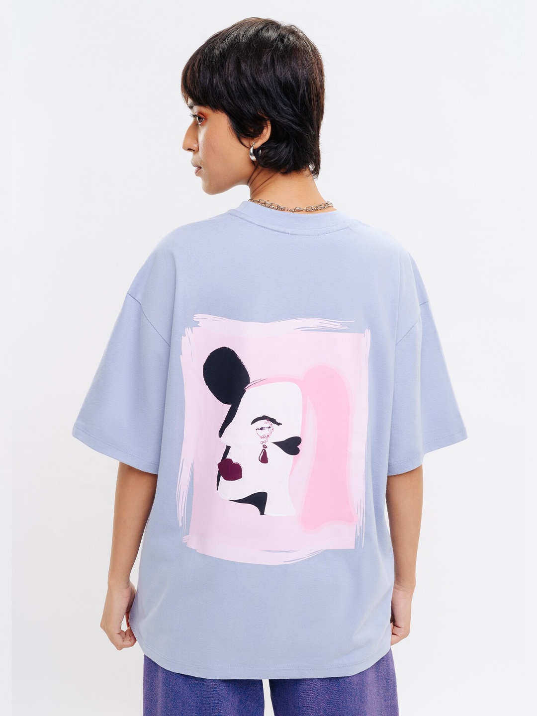 FREAKINS Graphic Printed Drop Shoulder Sleeves Relaxed Fit Pure Cotton Casual T-shirt, Blue