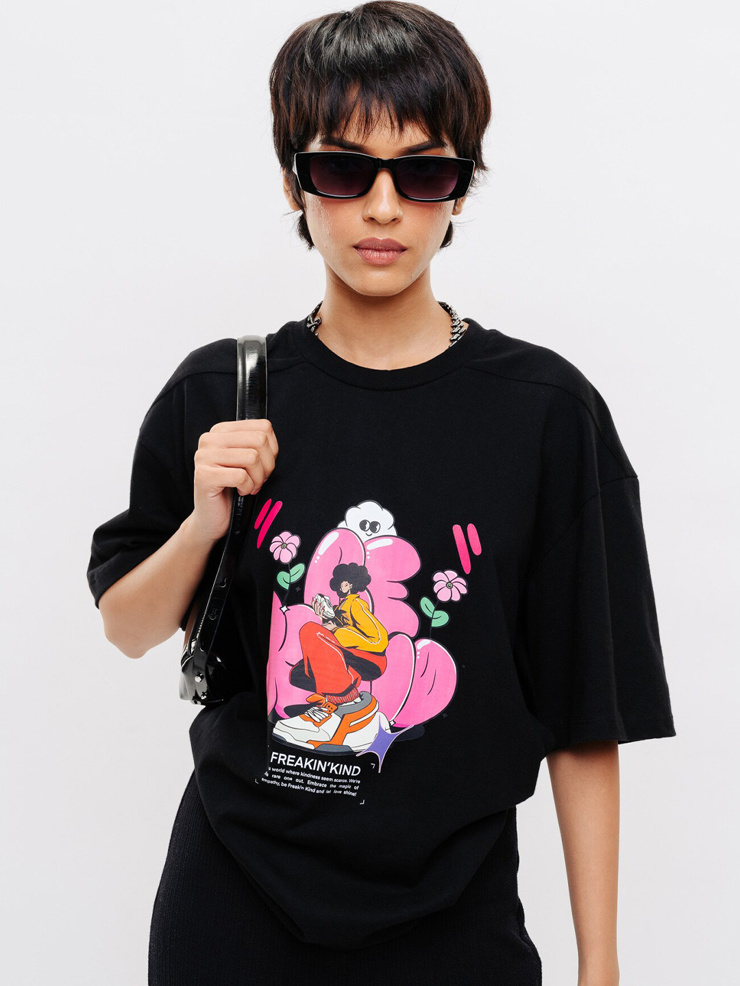 

FREAKINS Graphic Printed Drop Shoulder Sleeves Relaxed Fit Pure Cotton Casual T-shirt, Black