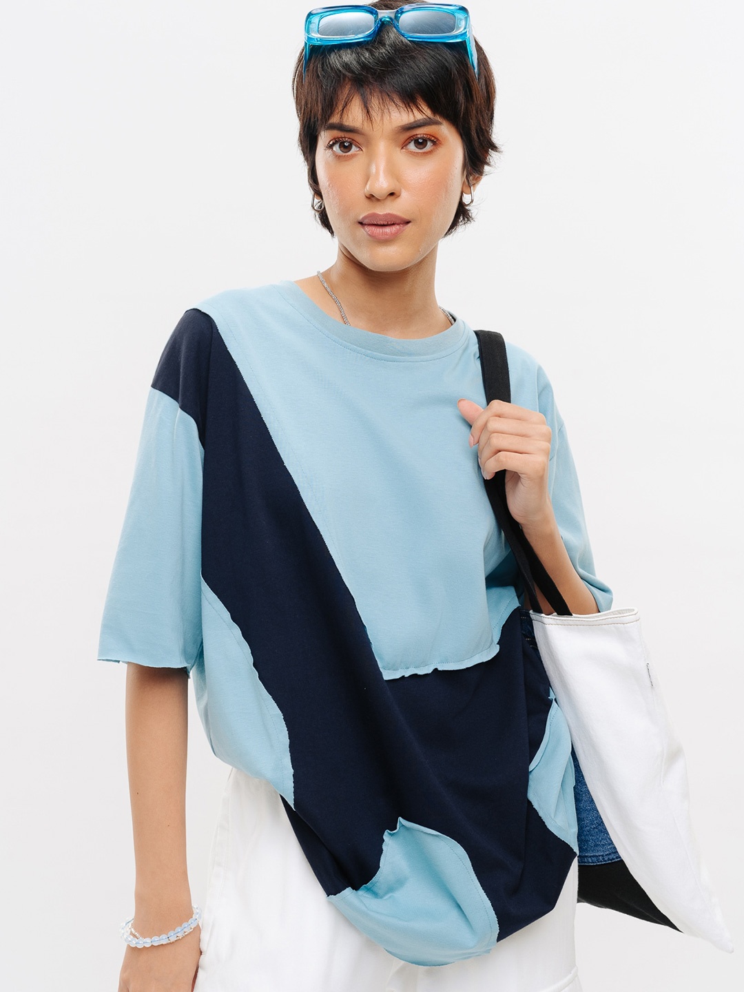 

FREAKINS Colourblocked Round Neck Drop-Shoulder Sleeves Cotton Relaxed Fit T-shirt, Blue