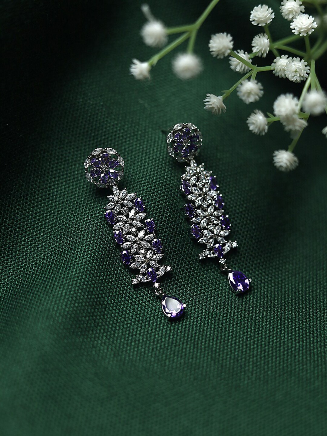 

Maansh Silver-Plated Sterling Silver American Diamond Studded Contemporary Drop Earrings
