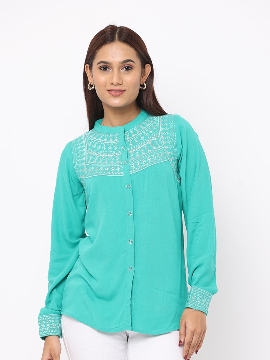 

GLORY & I Slim Fit Embroidered Shirt, Green