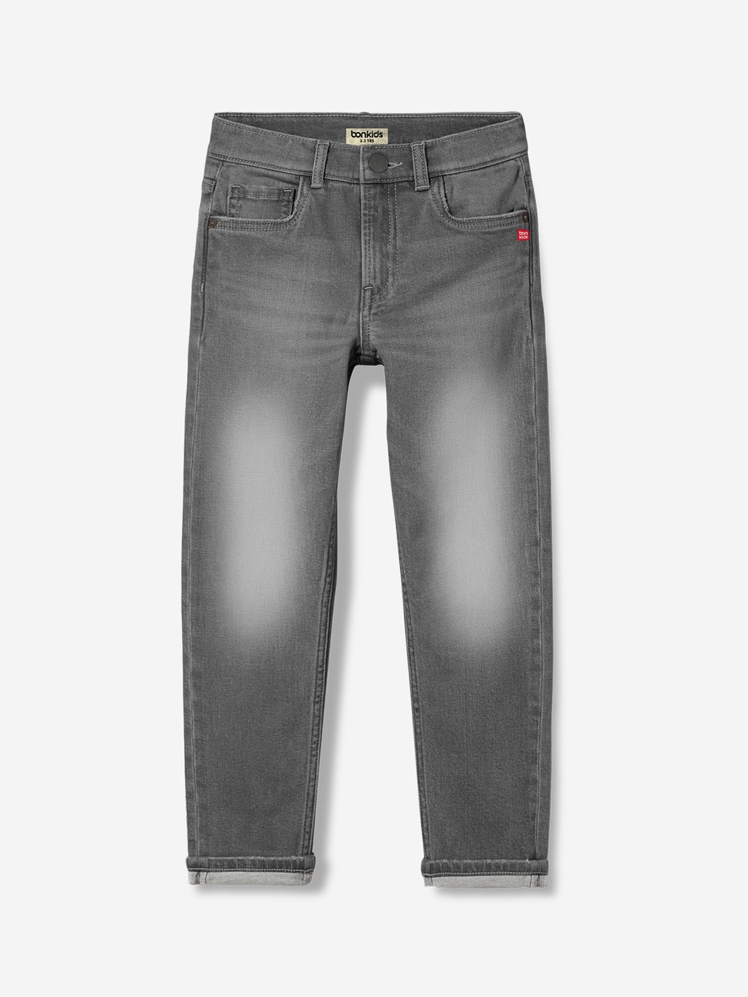 

BONKIDS Boys Mid-Rise Heavy Fade Clean Look Cotton Jeans, Grey