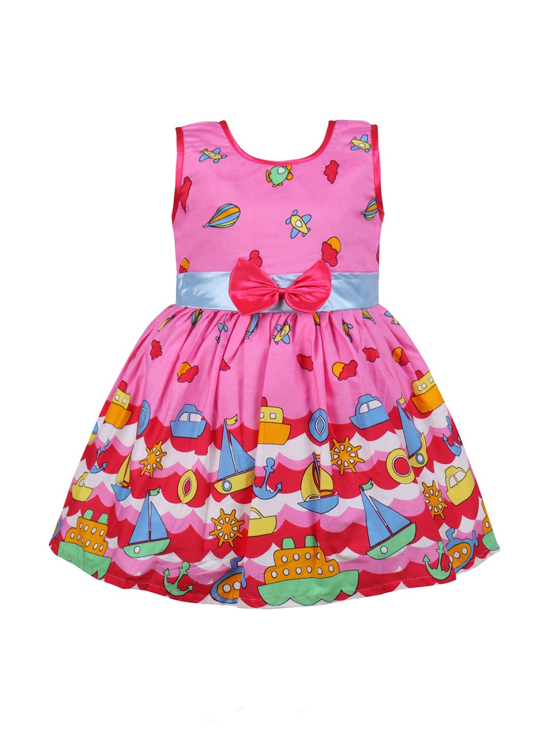 Wish Karo Conversational Printed Sleeveless Bow Detail Cotton Fit & Flare Dress, Pink