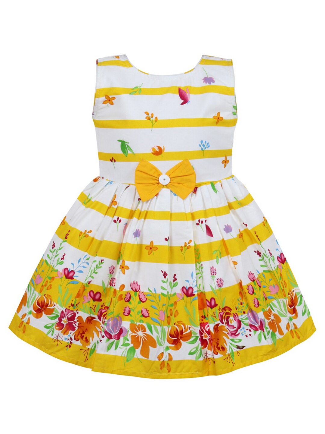 Wish Karo Girls Floral Printed Cotton Fit & Flare Dress, Yellow