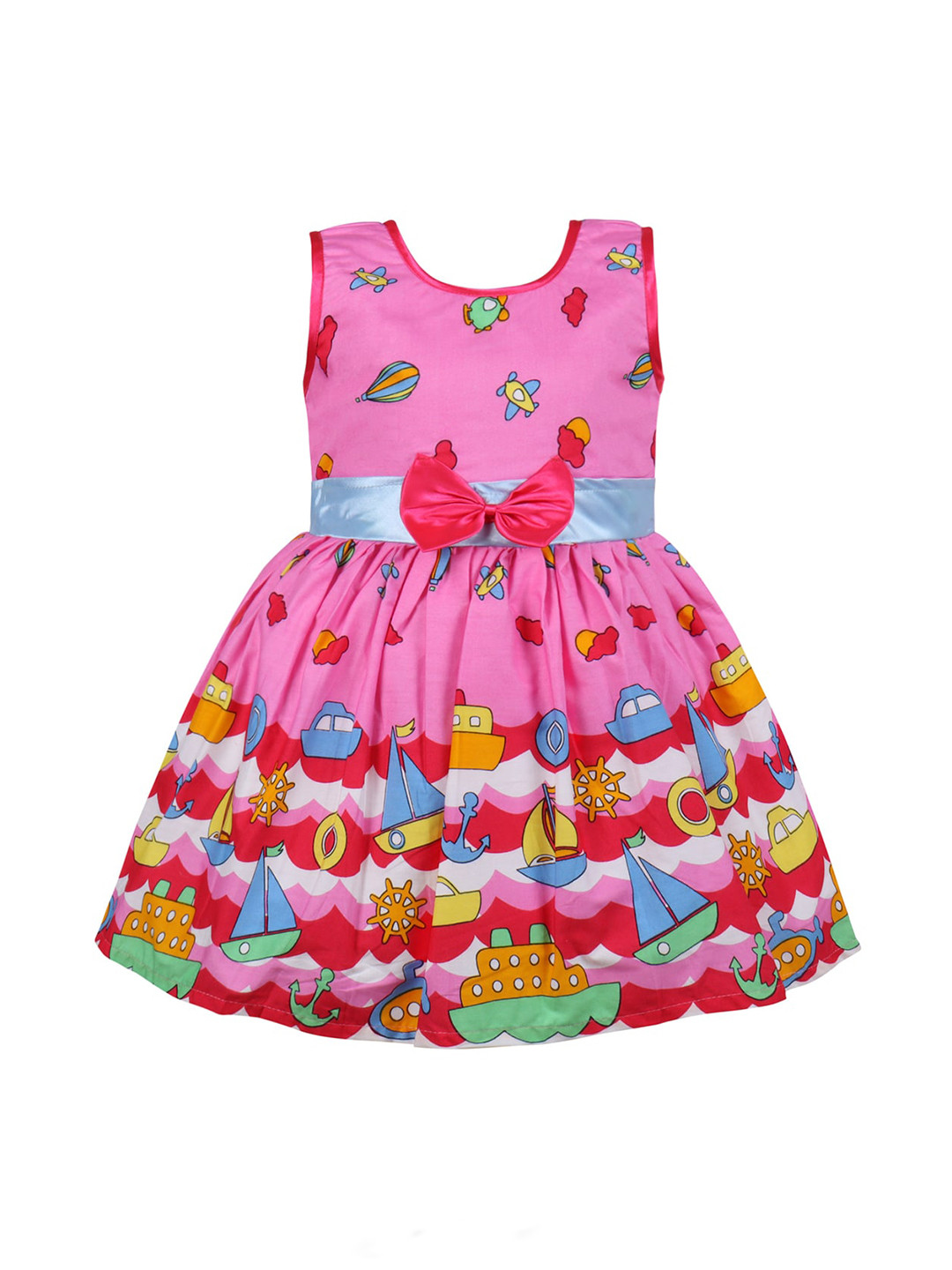 

Wish Karo Girls Conversational Printed Cotton Fit & Flare Dress, Pink