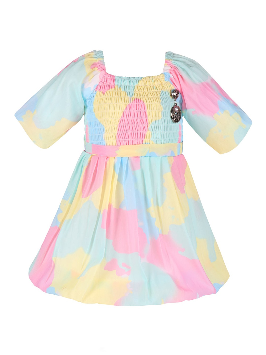

Wish Karo Colourblocked Puff Sleeve Satin Fit & Flare Dress, Pink