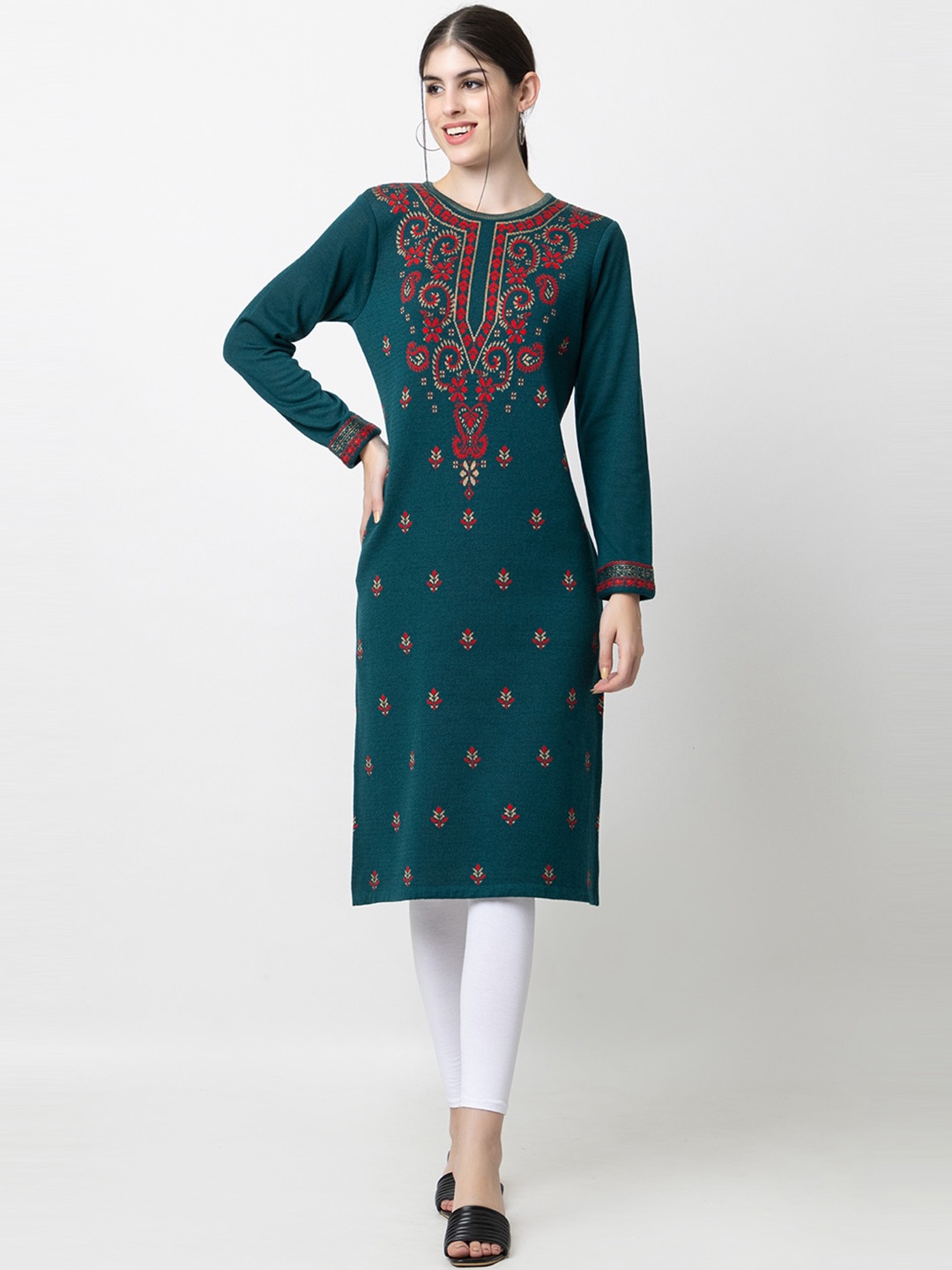

KEIKO Ethnic Motifs Embroidered Straight Kurta, Teal