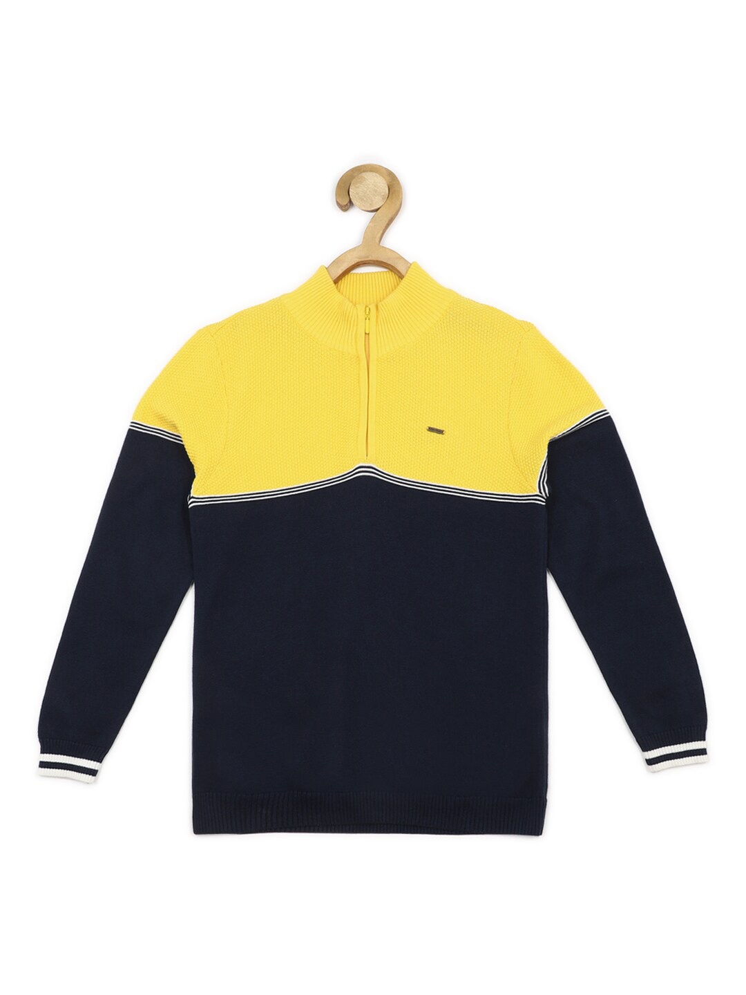 

Allen Solly Junior Boys Colourblocked Mock Collar Long Sleeves Cotton Pullover Sweaters, Navy blue