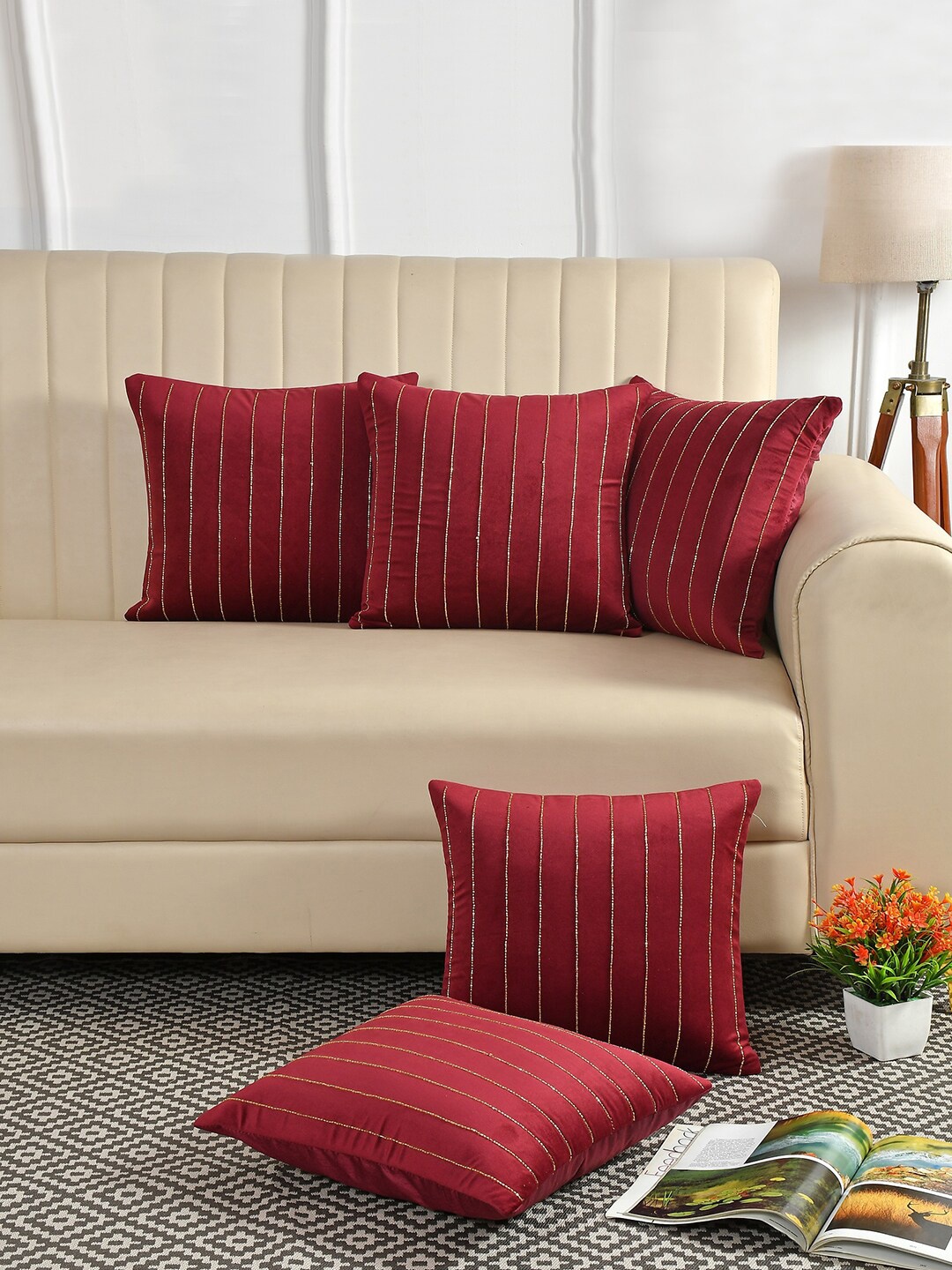 

HOSTA HOMES Maroon 5 Pieces Striped Square Cushion Covers