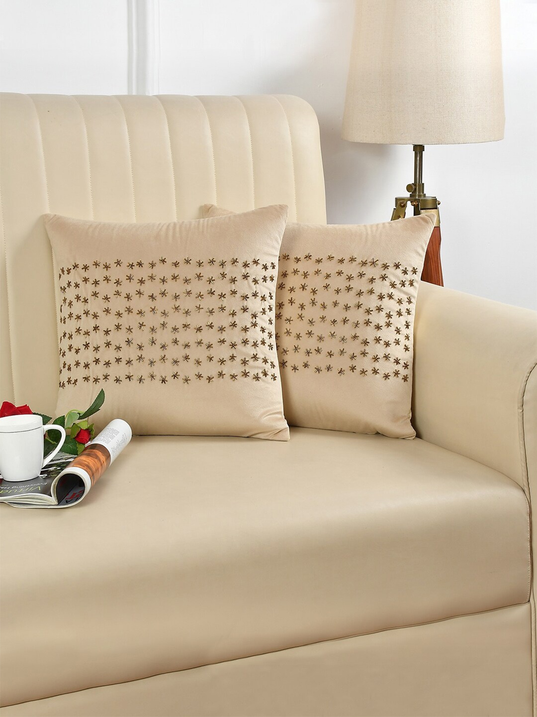 

HOSTA HOMES 2 Pcs Beige Embellished Square Cushion Covers