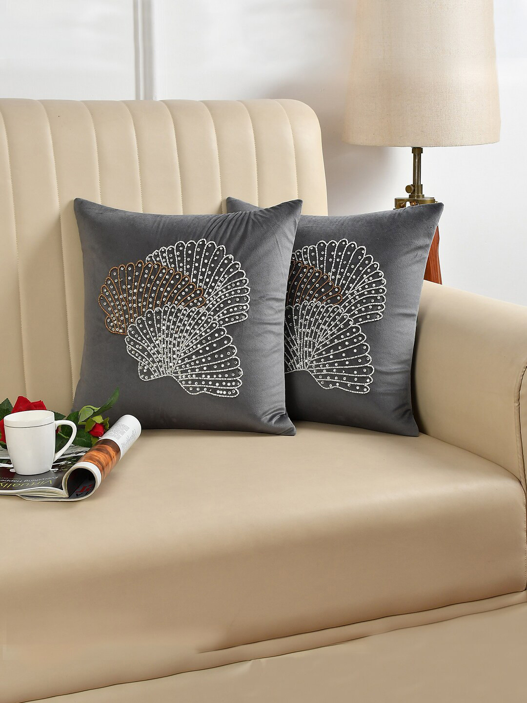 

HOSTA HOMES 2 Pcs Grey & White Embellished Square Cushion Covers