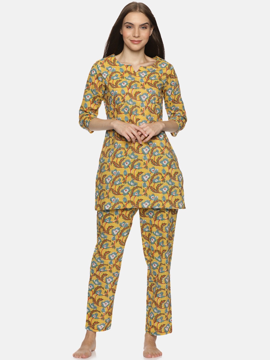 

Palakh Floral Printed Pure Cotton Night suits, Yellow