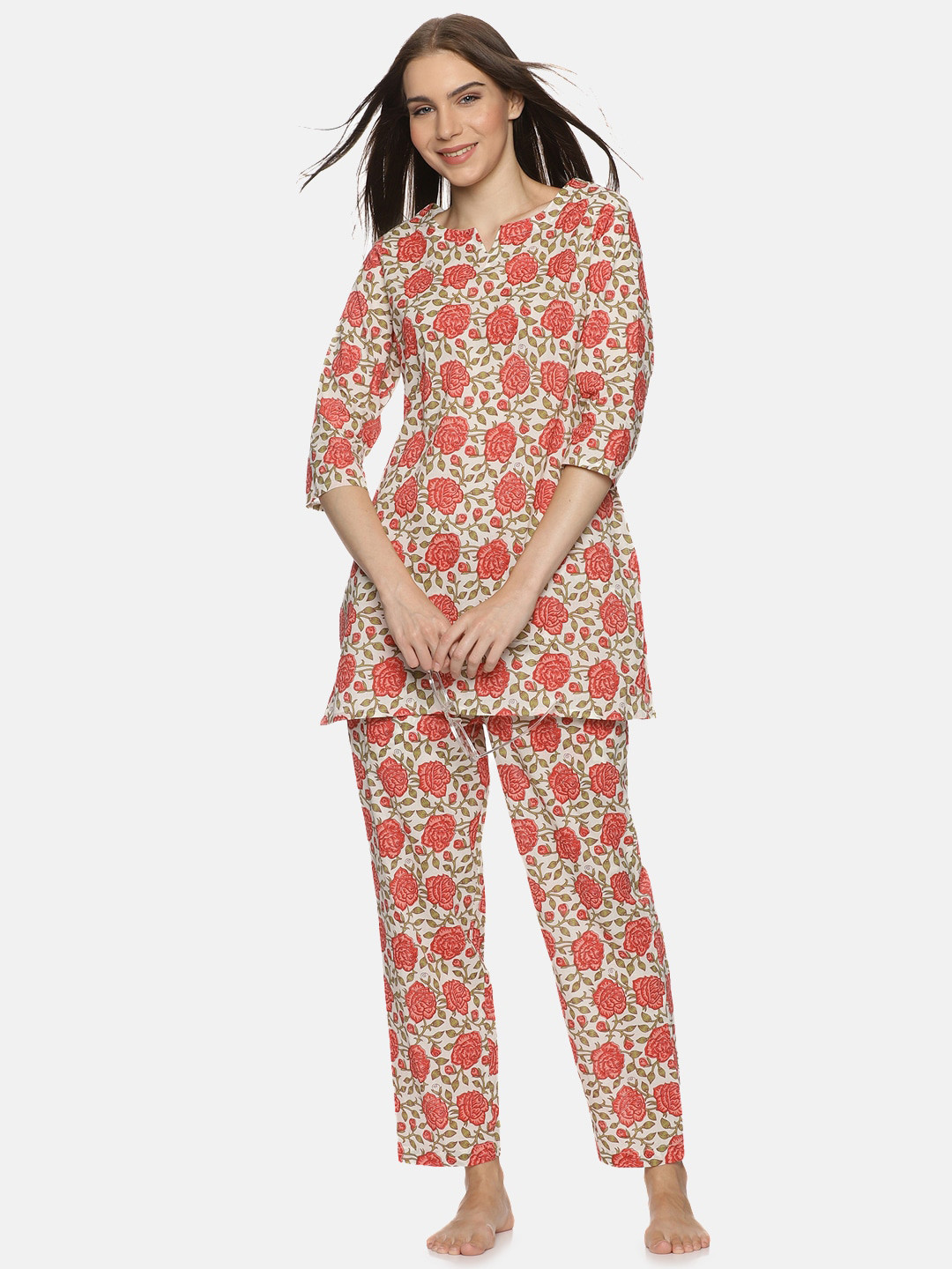 

Palakh Floral Printed Pure Cotton Night suit, Peach