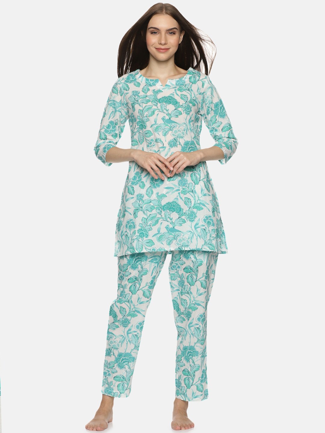 

Palakh Floral Printed Pure Cotton Night suit, Sea green
