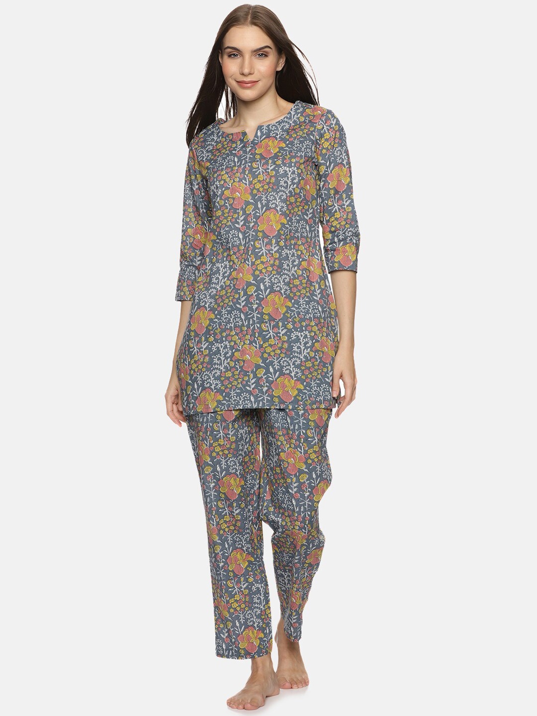 

Palakh Floral Printed Pure Cotton Night suit, Grey