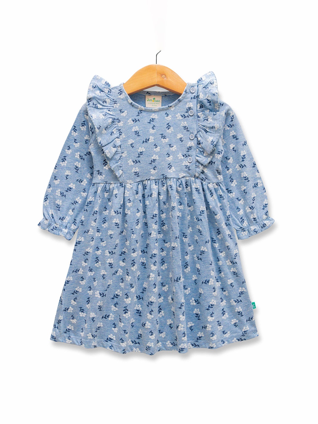 JusCubs Girls Floral Printed Ruffles Detail Cotton Fit & Flare Dress, Blue