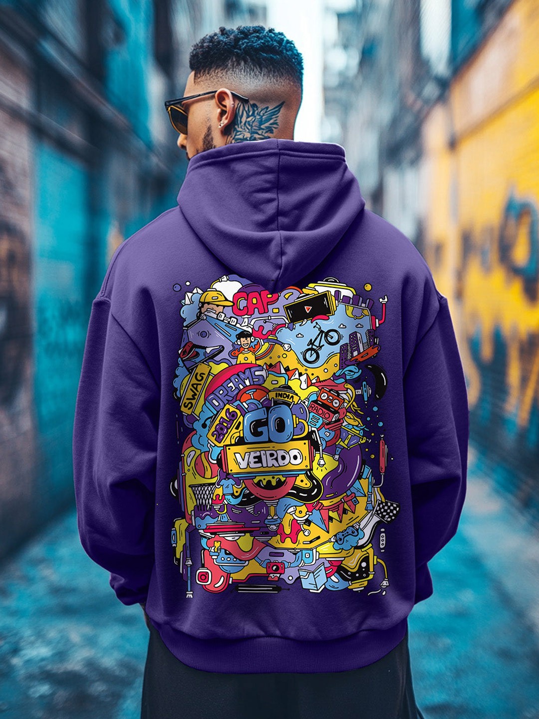 

VEIRDO Graphic Printed Hooded Pullover Oversized Fleece Sweatshirt, Blue