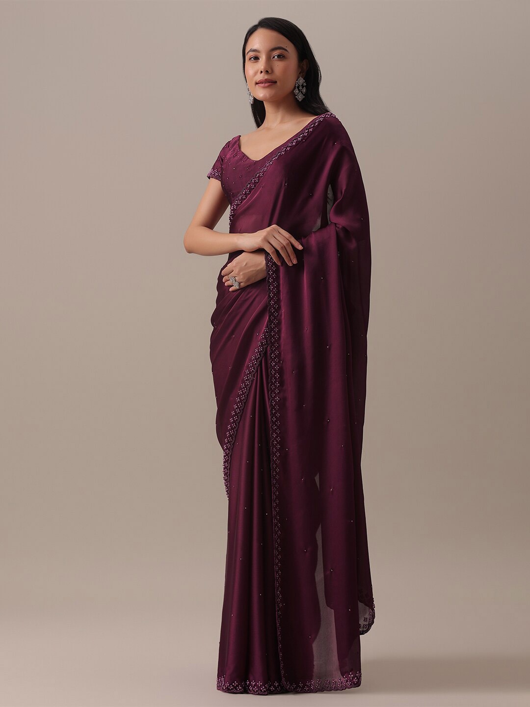 

KALKI Fashion Embellished Beads and Stones Satin Saree, Purple